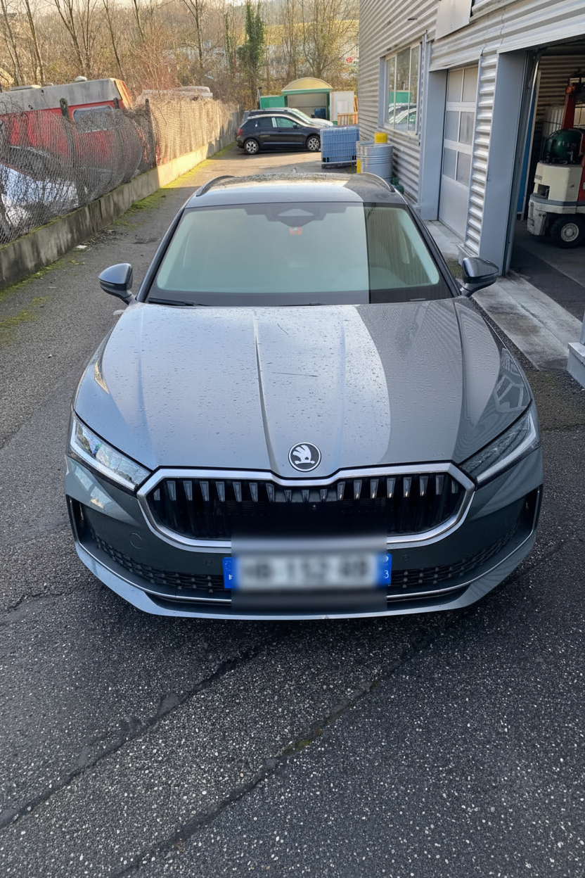 Skoda avec plaque fortement floutée